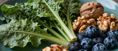 A close-up photograph of a variety of nutrient-dense whole foods like leafy greens, walnuts, and blueberries arranged on a dark teal ceramic plate, highlighting 'food as medicine' in a US kitchen.