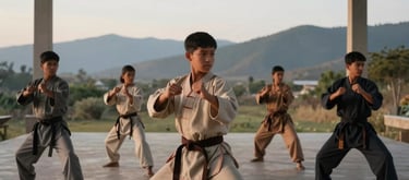 A group of teenagers practicing Kung Fu movements in a minimalist, open-air pavilion. Their uniforms are simple and earthy-toned. The South American landscape of mountains is visible in the background. The lighting is soft afternoon glow, very cinematic and calm.