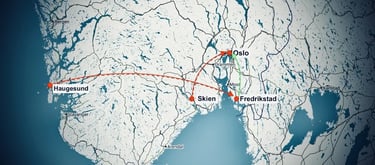 A map showing Salah al-Saadi,Fredrikstad, and Zainab AbdulKarim's,Oslo, pursuit of victims in Norway