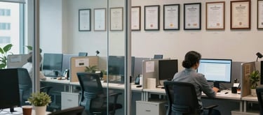 A modern, professional office suite for psychology research in a South Asian urban setting, featuring glass partitions, ergonomic furniture, and walls decorated with framed academic certifications, muted blue and off-white color scheme.