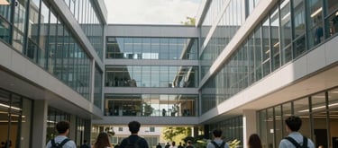A professional wide shot of a modern educational campus with students walking between sleek, glass buildings in an International / Global setting.
