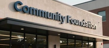 The exterior of a modern, welcoming community foundation building in a North American urban setting with professional signage.