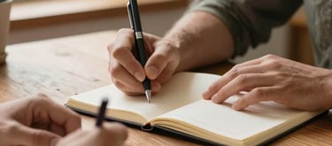 Close-up editorial frame: two pairs of hands across a wooden table during a facilitation session, one pair holding a pen over an open notebook, warm natural window light from the left, sage-green plant visible at the edge, earthy clay tones throughout