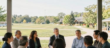 A group of community leaders meeting in a modern, open-air pavilion in North America, discussing policy and engagement, sunny afternoon.