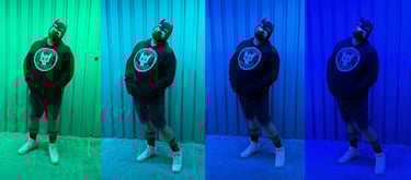 A four panel of a man in his pup mask.