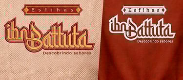 Aplicação da identidade visual Ibn Battuta em fundo claro e escuro com variações do logotipo para es