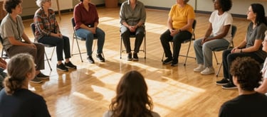 Photography of a diverse group of community members sitting in a circle during a wellness workshop in a North American community center. The lighting is warm and golden, reflecting hope and dignity.