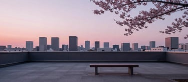 Photography of a modern architectural rooftop in Tokyo at dawn. The sky is a soft pink and grey. A single minimalist bench is positioned to view the distant skyline through cherry blossom branches. International / English-speaking professional context.
