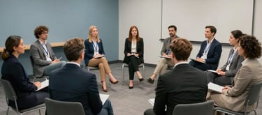 A group of professional people sitting in a circle for a workshop in a modern North American seminar room, bright lighting and grey-blue decor.