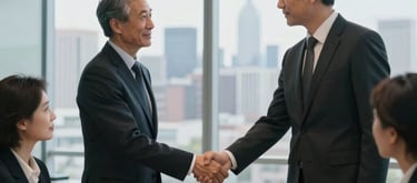 A group of professionals in business attire shaking hands in a sleek, glass-walled conference room with a view of a city skyline, North American / International setting, authoritative and trustworthy mood.