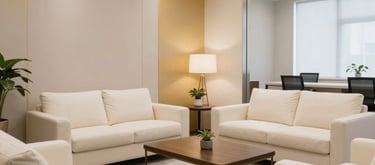 A wide-angle photograph of a sophisticated, modern North American consultation room with off-white furniture and a subtle gold accent on the wall, bright and welcoming.