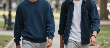 A lifestyle shot of two young adults walking and talking in a North American park, conveying a sense of community and support. The lighting is warm and forward-thinking. Palette: Steel Blue and Pale Gray.