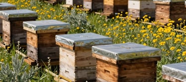 A scenic photograph of an organic apiary located in a North American / US floral pasture. Rows of rustic earthy wood brown beehives sit amid blooming golden wildflowers and sage green grass under a bright warm sun.