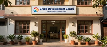 A welcoming, clean entrance of a child development center in a Hyderabad colony, with professional signage, potted plants, and warm afternoon sun.
