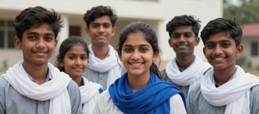 A portrait of a group of smiling South Asian youth wearing white and blue scarves, standing together in front of a newly constructed educational wing.