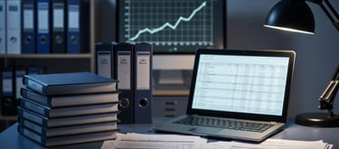 computador, hojas y folder para contabilidad