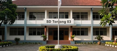 A wide photography shot of the clean front facade of SD N Tonjong 03 school building in Indonesia, with a flagpole, a neatly paved courtyard, and green trees.