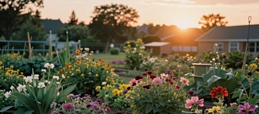 A peaceful North American community garden at sunset, with diverse flowers in bloom, emphasizing hope and accessible nature.