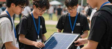 A group of young people at an outdoor innovation fair, showcasing a solar-powered prototype in a North American park.