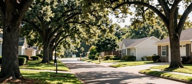 A beautiful residential suburban street in a leafy North Houston neighborhood. Sunlight streams through large oak trees onto a well-maintained lawn, creating a sense of peace and security.