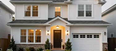 A beautiful, high-end residential home in a quiet North American neighborhood, featuring clean architecture and a welcoming front entrance with lush landscaping.