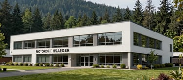 A modern, professional nonprofit headquarters building in Issaquah, Washington, surrounded by the lush green forests of the Pacific Northwest. The building is clean and inviting, reflecting integrity and compassion. North American setting.