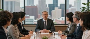 A professional portrait of a family board meeting, with a backdrop of a North American skyline through a large window, conveying trust and integrity.