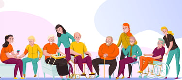 Seniors receiving professional elder care services and medical support in an assisted living community.