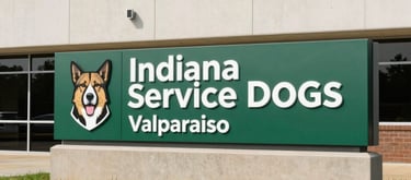 A bright photography shot of the Indiana Service Dogs office exterior in Valparaiso, a North American professional building with a neat lawn, sage and forest green branding on a sign.