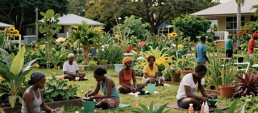 A high-quality lifestyle photograph of a peaceful community garden in the Caribbean / Anglophone Caribbean, representing community-focused wellness and connection.