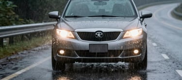 A high-quality photography shot of a car driving through rain on a North American highway at dusk, focused on the wet road surface and headlights, conveying a sense of safety and control.