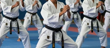 A group of Brazilian youth in white kimonos practicing martial arts on a blue mat, energetic and disciplined environment, dynamic action shot with cinematic lighting.
