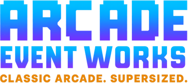 Brand logo for Arcade Event Works, gradient retro-style text - tagline: Classic Arcade.. Supersized.