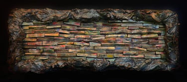 Abstraktes Gemälde aus bunten Holzscheiten mit massivem, eleganten Gipsrahmen.