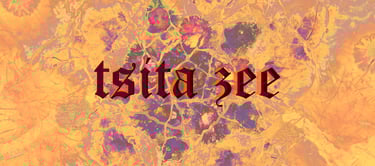 The logo of tsita zee showing her name in bold antique letters with bright organic background.
