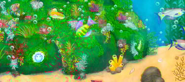 Ilustração infantil subaquática colorida com peixes, corais e bolhas em guache.