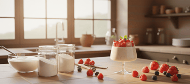 Panna Cotta im Glas mit Erdbeersoße und Minzblättern – moderne Servieridee mit natürlichem Licht.