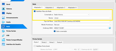 Aba de configurações de rede do VirtualBox com o adaptador 1 configurado para rede interna na estaçã