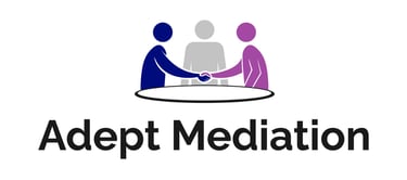 Adept Mediation logo with two people shaking hands across a table, as a mediator sits in the middle of them observing