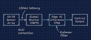 Low-latency system block diagram showing EO/IR sensors, Edge AI inference FPGA, and control output.