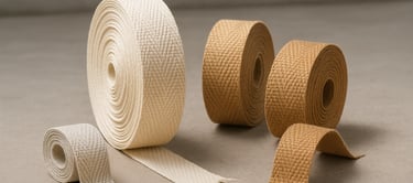 Wide flat woven paper ribbon with clear weaving texture, made from paper