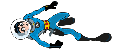 Cartoon astronaut in a blue futuristic space suit floating on a black background.