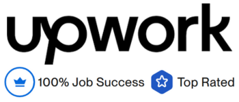 The Upwork logo with 100% job success score and a top-rated star icon.
