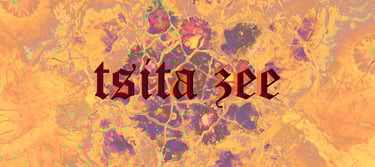The logo of tsita zee showing her name in bold antique letters with bright organic background.