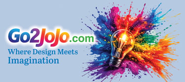 Go2jojo.com logo and slogan next to a glowing light bulb with a colorful paint splash of creative design.