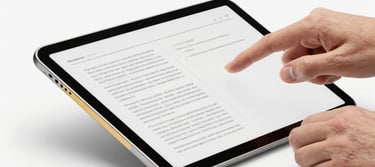 Open e-book on a tablet showing practical exercises, hands interacting with the screen, soft studio lighting, clean white background, deep navy and gold accents, photorealistic, close-up