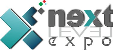 Next Level Expo official logo with geometric arrow design in teal and gray