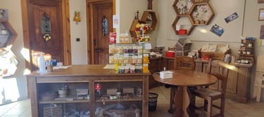 Interno del negozio di Sampeyre con la cassa e arredamento in legno