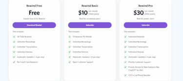 a pricing page for a website rewindai that has been designed to look like a website