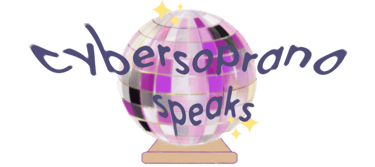cyber soprano logo featuring a discoball super imposed over a crystal ball, and wiggly text title.